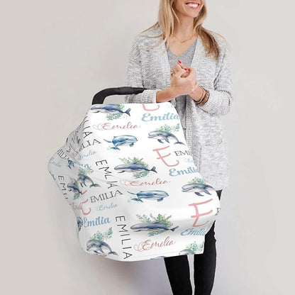 Personalized Baby Car Seat Cover with Name Stroller Canopy Custom Whale Carseat Cover Newborn Baby Boy Girl Nursing Cover for Moms First Birthday Gift