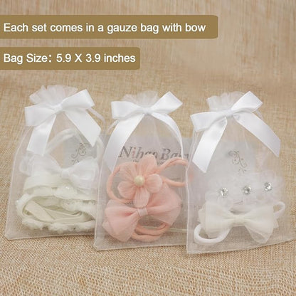 Baby Girl White Lace Tieback Flower Halo Crown and Small Bow Headbands Newborn Gift Sets