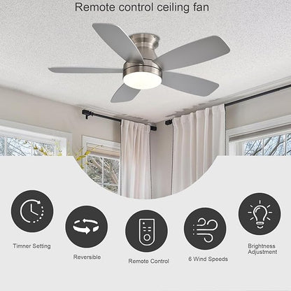 JSAITEE Ceiling Fans with Lights, 42 Inch Low Profile Ceiling Fan with Light and Remote/App Control, Flush Mount, Reversible, 3CCT, Dimmable, Noiseless, Nickel Ceiling Fan for Indoor/Outdoor Use
