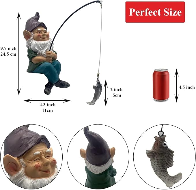 Gnomes Decoration for Yard Outdoor Garden Decor 9.7 Inch Tall Fishing Gnome Statue for Koi Pond, Waterfalls or Poolside Ornaments, Fisher Guy Outdoor Statues, Gift for Mom & Women