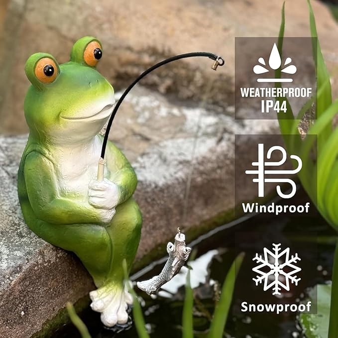 Frog Fishing Statue Garden Decor – 9.8" Weatherproof Resin Frog Fishing Sculpture Decor for Fish Ponds, Koi Ponds, Waterfalls, Poolside & Outdoor Gardens– Resin Figurine for Indoor & Outdoor Décor