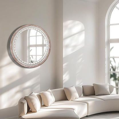 32" Farmhouse Wooden Decorative Round Mirrors for Wall Decor with Beads Frame, Rustic Large Circle Mirrors for Bathroom, Over Sink, Bedroom, Living Room, Entryway