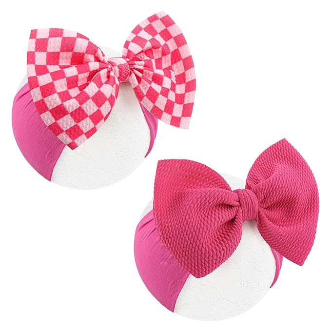 YanJie 2PCS 6’’ Hot Pink Bows for Baby Girls Checkered Headband Pink Bow Infants Toddler Hair Accessories Newborn Headbands Hair Bow Baby Clothes