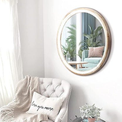 24 Inches Wooden Round Wall Mirror for Bathroom Vanity, Farmhouse Decorative Circle Mirrors with Whitewash Edge, for Bedroom, Entryway, Living Room, Kithen, Home, Office