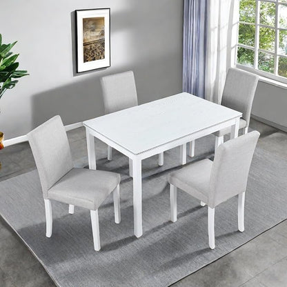 Dining Table Set, 5 Piece Counter Height Table Set with Rectangular Table and 4 Upholstered Chairs, Wooden Dinner Set with Crystal Decoration, Dining Chair with Footrest, Beige&White