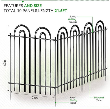 10 Panels Garden Tube Fence with Gate, 42in(H)×21.6ft(L) Tall No Dig Fence Animal Barrier, Heavy Duty Metal Decorative Garden Edging Border, Ground Defense Temporary Fencing for Outdoor Yard, Black