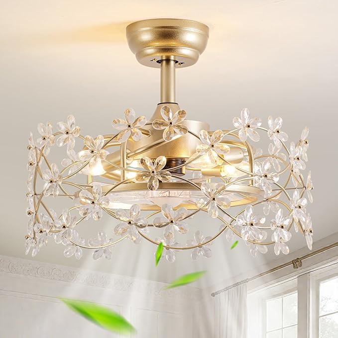 20" Gold Fandelier Ceiling Fan with Light, Flower Crystal Chandelier Ceiling Fan with Light and Remote Control, Modern Caged Enclosed 6 Speeds for Girl's Bedroom, Nursery, Living Room