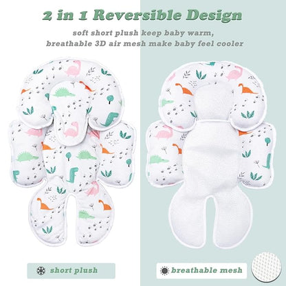 Infant Car Seat Insert, Soft Baby Car Seat Head Neck Pillow, Reversible Newborn Carseat Insert with Strap Covers, Universal Seat Pad for Carseats, Stroller, Swings, Bouncer, Dinosaurs