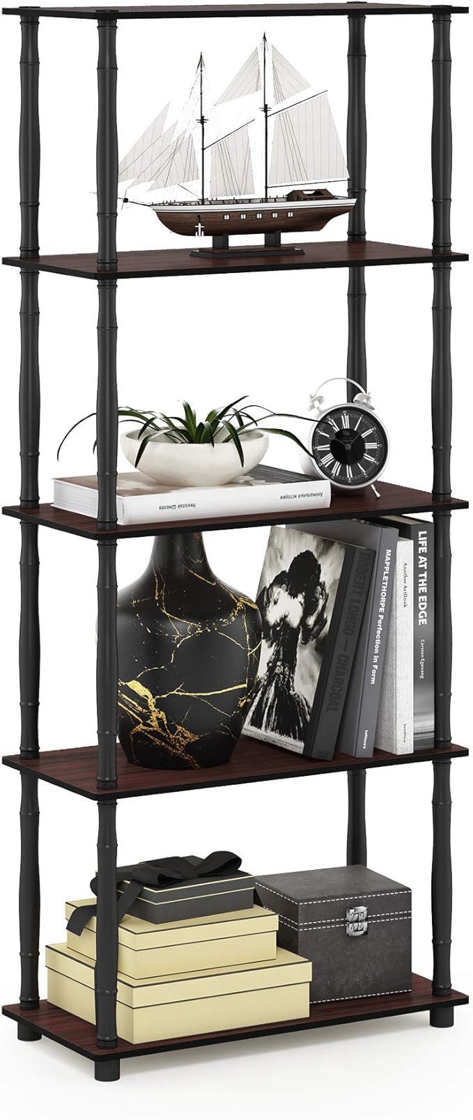 Furinno Turn-N-Tube 5-Tier Multipurpose Shelf / Display Rack / Storage Shelf / Bookshelf, Classic Tubes, Dark Cherry/Black