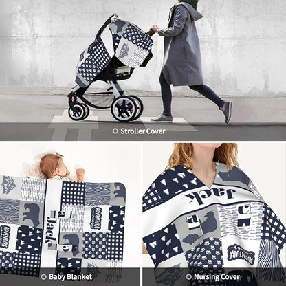 Personalized Baby Car Seat Canopy with Name, Custom Woodland Bear Baby Car Seats Covers for Baby Boy, Opening Minky Nursing Breastfeeding Cover for Infant, Carseat Canopies for Newborn
