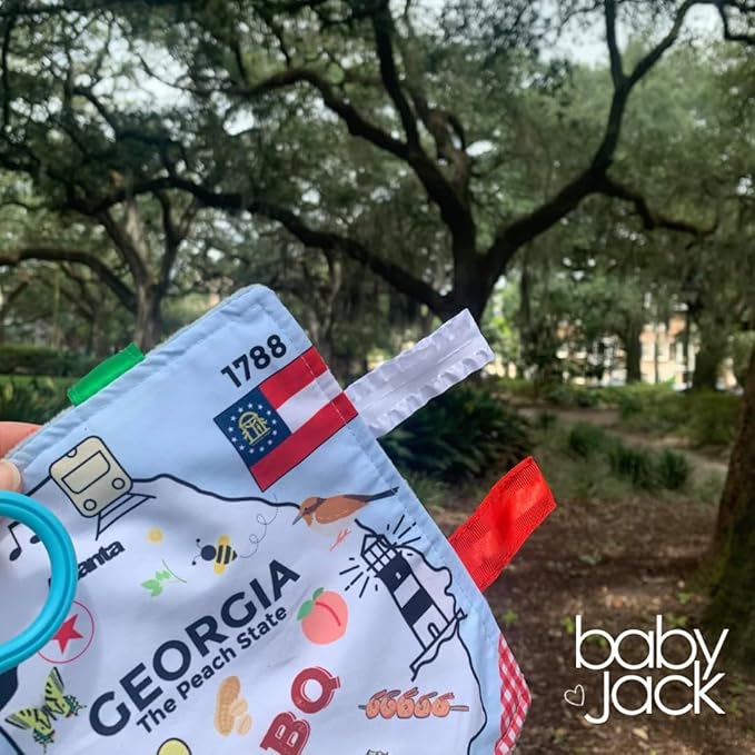 Baby Jack & Co 8x8” Learning Lovey Georgia State Tag Stroller Toy for Babies - Crinkle Toys for Developing Five Senses - Learn About Capitals - Travel with Baby Jack - BPA Free Clip