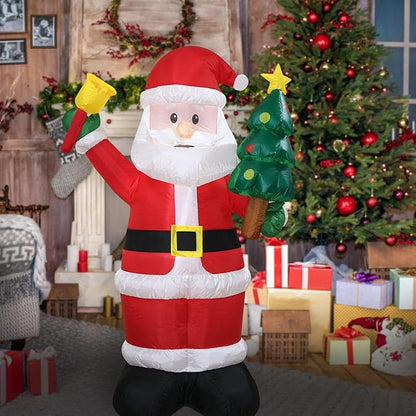 Christmas Inflatables Santa Holds Tree Bell Lighted Yard Lawn Inflatable Decoration with Built-in Fan and Stakes Ropes Holiday Party Decor, Christmas Decor (5FT-Santa Hold Tree & Bell)