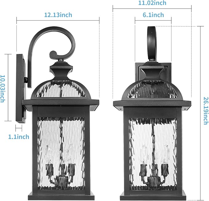 Darkaway Outdoor Lights Fixtures Wall Mount, Extra Large 26inch Outdoor Wall Sconce Lights with Water Ripple Glass for House Front Porch Patio Garage E12 Bulb Base