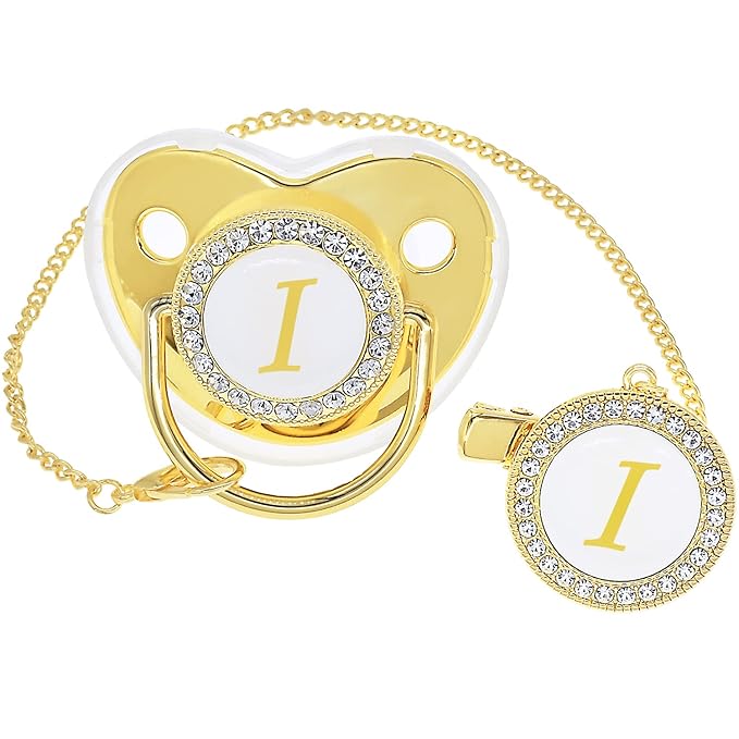 Bling Personalized Golden Baby Pacifier with Pacifier Clips and Anti-dust Cover A-Z 26 Letters(Gold,I)