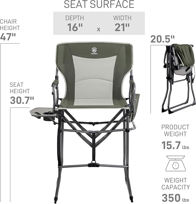 EVER ADVANCED Portable 30.7" Seat Height Tall Folding Camping Chair Directors Chair High Foldable Bar Stool with Side Table for Makeup Artist, Sports Event, Craft Show, Supports 350LBS Green Grey