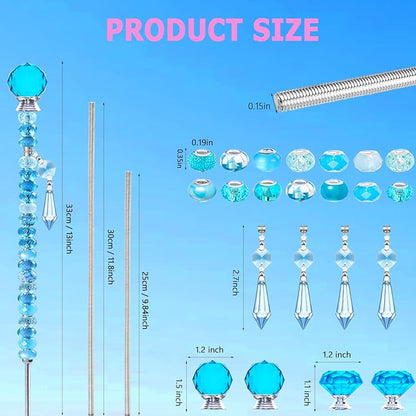 Exway 100 PCS DIY Fairy Wand Beaded Garden Stake Beads Kits with Light Blue Large Hole Beads 4 Crystal Stopper Top Threaded Rods and 4 Light Blue Sparkling Crystal Pendants for Outdoor Indoor Decor