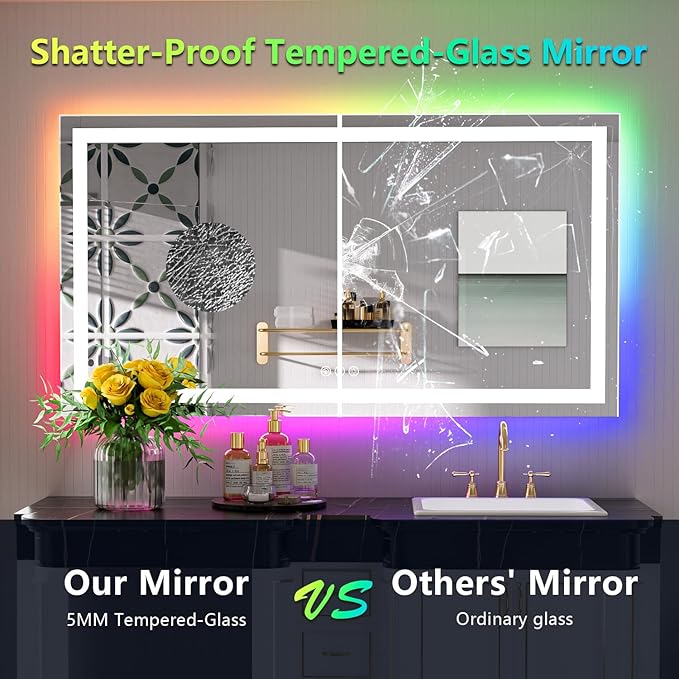 55x30 Inch RGB LED Bathroom Mirror Front Light and RGB Backlit Lighted Vanity Mirror for Bathroom Wall Mounted Dimmable Anti Fog Memory Shatter-Proof IP54 Waterproof Horizontal/Vertical