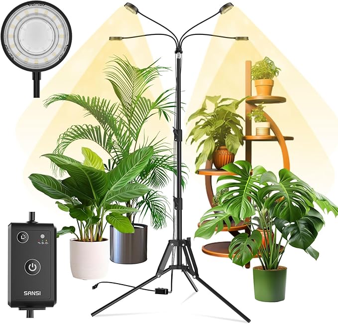 SANSI Grow Lights for Indoor Plants, 4 Head Dimmable Plant Lights for Indoor Growing, 40W 35"-65" Adjustable Standing Plant Grow Lights Indoor Tripod Auto On/Off Timer Grow Light