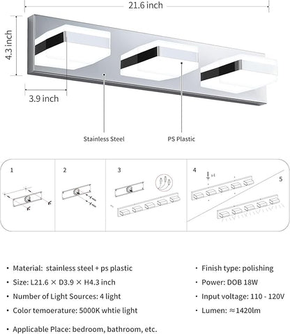 Bathroom Lighting Fixtures Over Mirror, 3 Light Bathroom Vanity Light Fixtures with Cool White 5000K, Silver LED Modern Vanity Wall Lights for Bath, Dressing Room, Restroom, 21.6 inch