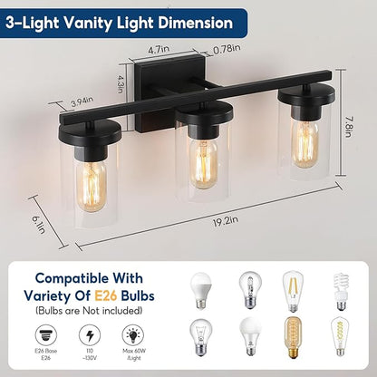 20in Bathroom Light Fixture Over Mirror, 3-Light Matte Black Vanity Lights with Clear Glass Shades, Modern Wall Sconces for Living Room, Bedroom, Hallway, E26 Base