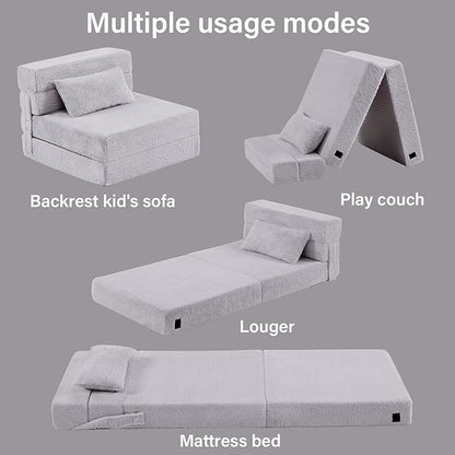 Folding Sofa Bed Floor Mattress for Kids with Pillow, Toddler Washable Folding Floor Nap Mat for Sleeping Daycare, Child Fold Up Sofa Futon Chair Bed with Storage Bag for Girls and Boys