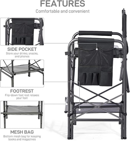 EVER ADVANCED 30.7" Seat Height Directors Chair for Makeup Artist with Side Table Easy Get in Out for Elderly Tall Camping Chair Supports 350lbs Black