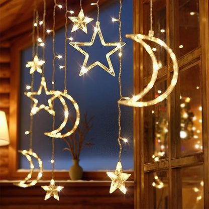 Moon and Stars Decor Curtain Lights, 11.5ft String Lights for Bedroom, Christmas, Ramadan Decor, Indoor LED Fairy Twinkle Light, Battery Operated or USB Plug-in (Warm Yellow)