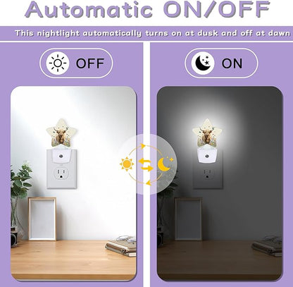 Highland Cow Nightlights Plug in Wall,Flower Butterfly Decorative Star Lamp with Automatic Lighting for Living Space,Gentle Glow for Kids Room,Hallway,Bathroom