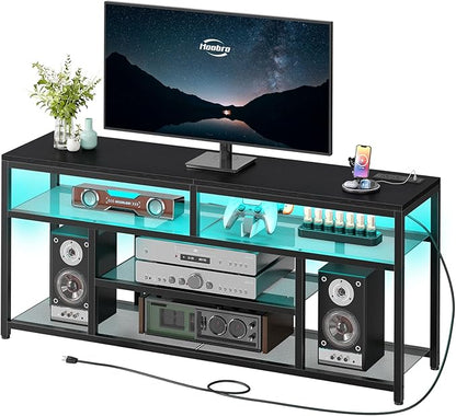 HOOBRO LED TV Stand with Charging Station, 4-Tier Entertainment Gaming Center, Modern Media Console Table, Open Shelves, 55.1"L x 13.8"W x 26.2"H, for TVs up to 65", for Living Room, Black BB47UDDS01