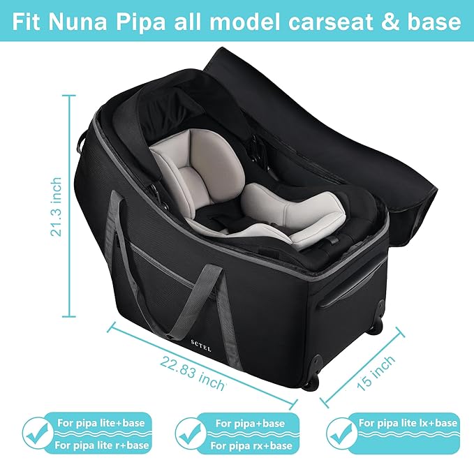 Car Seat Travel Bag with Wheels Fits All Nuna Pipa car seat and Base, Chicco Keyfit 35 and Anti-rebound Bar Base, Doona travel bag, Padded Infant Gate Check Bag with side pocket, Bumper Feet