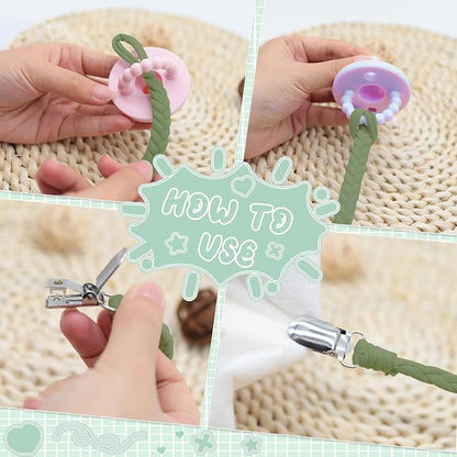 4 Pcs Pacifier Clip, Pacifier Clips for Boys & Baby Girls Pacifier Holder Clip Binky Clips Braided 100% Handmade Fits All Pacifiers(Green, 4 Pack)