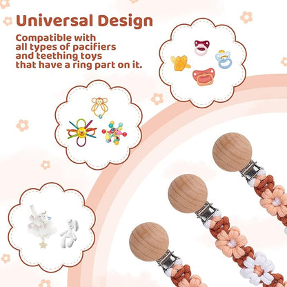 Pacifier Clip for Boys Girls Floral Daisy Macrame Baby Paci Clip Pacifier Holder Leash Boho Wooden Clips Handmade Braided Cotton Binky Clips (1pack:Caramel Style A)