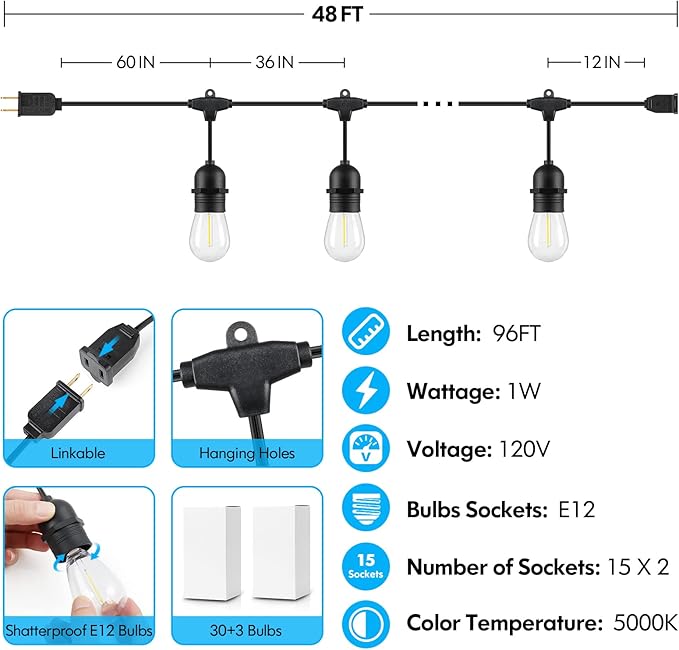 Lakumu 2-Pack 96FT Outdoor String Lights with Waterproof Shatterproof Dimmable 5000K Daylight White E12 Filament S14 LED Bulbs for Backyard Hanging Lights Linkable Patio Light for Deck Bistro Pergola