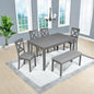 Dining Table Set, 6-Piece Kitchen Table & Chair Set with Rectangular Dining Table, 4 Upholstered X-Shaped Backrest Chairs and a Bench, Wooden Dining Table Set for 6 People, Gray