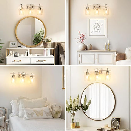 3 Light Bathroom Vanity Light - Silver Bathroom Lighting Fixtures Over Mirror, Modern Wall Sconces with Transparent Glass Lampshade for Bedroom Living Room Kitchen Cabinet Stair Hallway