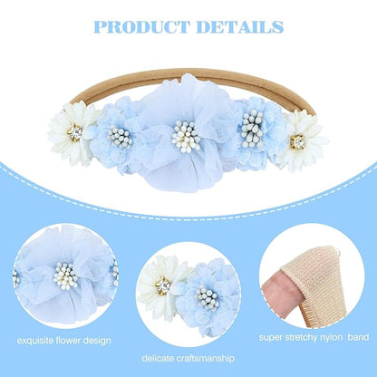 Dizila 6 Pieces Super Soft Stretchy Purple Light Blue Baby Girl Bow Flower Nylon Headbands Floral Lace Headbands Hair Accessories for Newborns Infants Toddlers Girls Kids