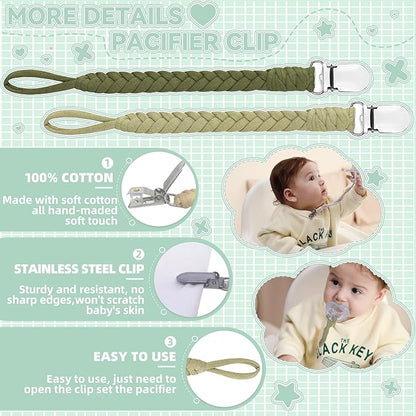 4 Pcs Pacifier Clip, Pacifier Clips for Boys & Baby Girls Pacifier Holder Clip Binky Clips Braided 100% Handmade Fits All Pacifiers(Green, 4 Pack)
