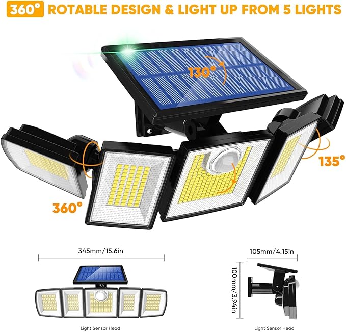 MDCMDCM Outdoor Solar Light Motion Sensor Waterproof - 3000 Lumens 3 Modes 416 LEDs 32ft 2400mAh 5 Heads Security Lights Flood Lights with Remote for Patio Yard Pool Outside （Wireless, 3p）