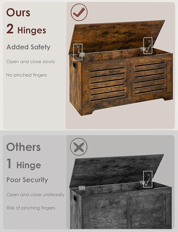DINZI LVJ Storage Chest, 43.3” Wooden Toy Box with 2 Safety Hinges, Retro Entryway Shoe Storage Bench with Flip-Top, Sturdy Large Storage Trunk for Living Room, Bedroom, Easy Assembly, Rustic Brown