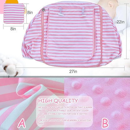 Car Seat Covers for Babies,Baby Car Seat Cover for Boys Girls, Windproof Infant Carseat Cover,Kick-Proof Car Seat Canopy with Breathable Mesh Peep Window(Pink Stripe)