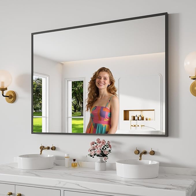 Koonmi Bathroom Mirror 36x48 Bathroom Wall-Mounted Mirrors, Modern Vanity Mirror for Bedroom, Living Room, Aluminum Alloy Frame Allow to Hang Horizontally or Vertically