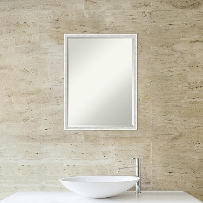 Amanti Art White Bathroom Mirror for Over Sink, 25x19 Paige White Silver Rectangle Vanity Mirror, Medium Modern Contemporary Wood Frame, Hangs Horizonally and Vertically, Bathroom Wall Decor, Beveled