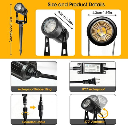 CPLIRIS Outdoor Landscape Lighting, LED Spot Lights Kit for Garden, Yard, House, Lawn, Tree, Flags, Fence Use, Warm White 2700k-3300k, IP67 Waterproof & Connectable - 6 Pack