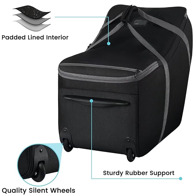 Car Seat Travel Bag with Wheels Fits All Nuna Pipa car seat and Base, Chicco Keyfit 35 and Anti-rebound Bar Base, Doona travel bag, Padded Infant Gate Check Bag with side pocket, Bumper Feet