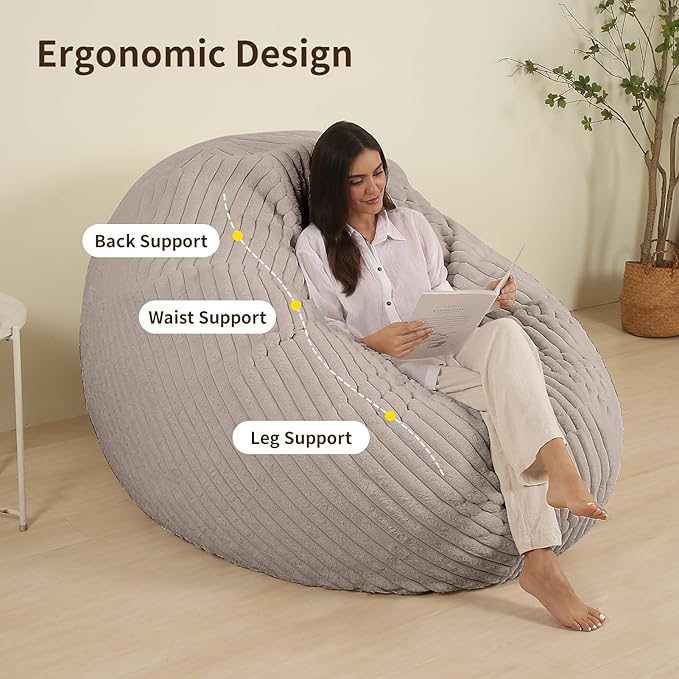 Memory Foam Bean Bag Chair, Bean Bag Bed with Fluffy Removable Cover, for Living Room Bedroom, 6FT Grey