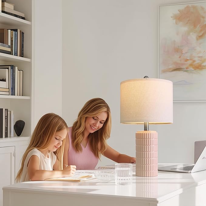 PoKat 20.75" Pink Ceramic Table Lamps Set of 2, Small Modern Bedroom Lamps for Girls Room, Bedside Lamps for Night Stands, Cute Lamps for Living Room Decor, Nightstands Desk Lamp, Light Pink