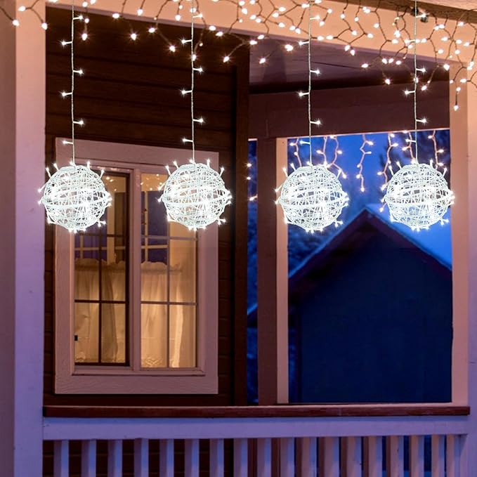 Outdoor Christmas Balls Lights 4 Pack Hanging 7.9" LED Garden Sphere Tree Lights 8 Modes Waterproof Glow Globe Light with Memory Timer Plug for Yard Porch Eave Patio Home Bedroom Decoration-Cool White