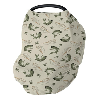 Gone Fishing Baby Car Seat Covers Vintage Bass Fishes Net Lake Stretchy 5-in-1 Cover Adjustable Infant Carseat Canopy Cover Fishing Lovers Gift Nursery Breathable Nursing Cover-Up
