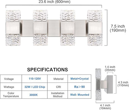 MELUCEE Brushed Nickel Bathroom Light Fixtures Over Mirror 23.6 Inch, 32W Dimmable 3000K LED Vanity Light Bar, Modern Bathroom Vanity Lights Above Mirror Wall Mount, Built-in Led Chips
