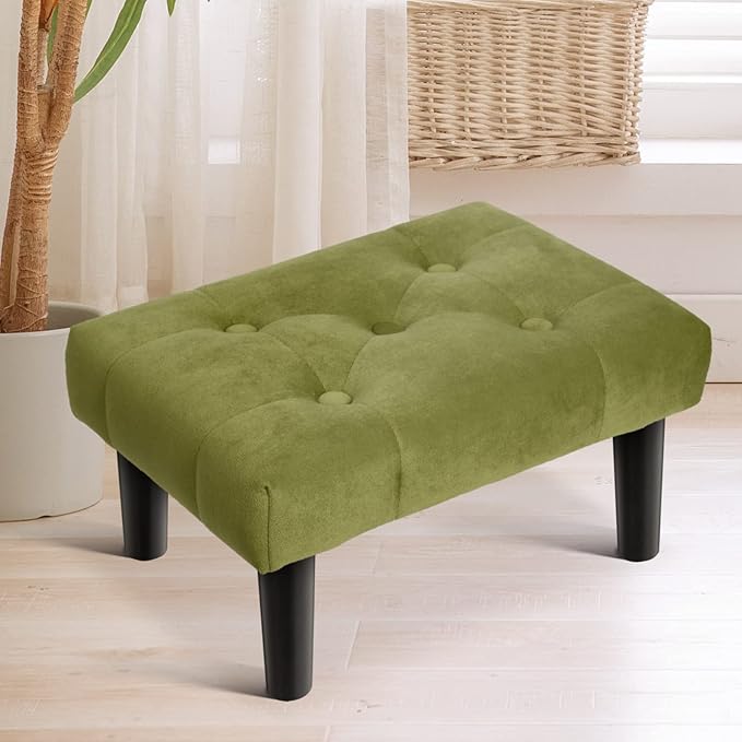 HOUCHICS Small Footstool Ottoman,Velvet Soft Footrest Ottoman with Wood Legs,Sofa Footrest Extra Seating for Living Room Entryway Office(Green 1PACK)